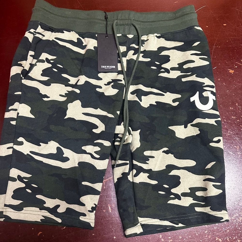 Vintage True Religion Mens Green Camouflage HS Fleece Sweat Shorts Size Large